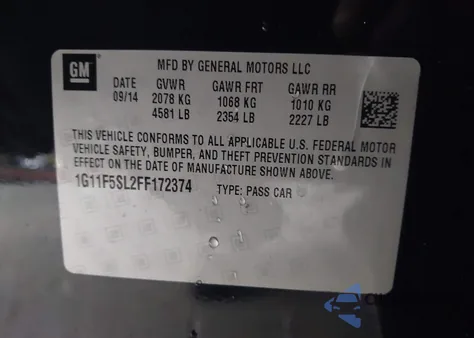 2015 Chevrolet Malibu 1Lz из США, поврежденный, VIN 1G11F5SL2FF172374